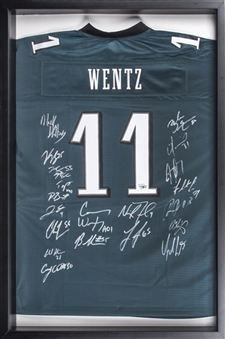 2017 Philadelphia Eagles Super Bowl LII Champions Team Signed Jersey With 20 Signatures Including Carson Wentz, Nigel Bradham, Zach Ertz & Others In a 25x37 Shadow-Box Framed Display (Fanatics)